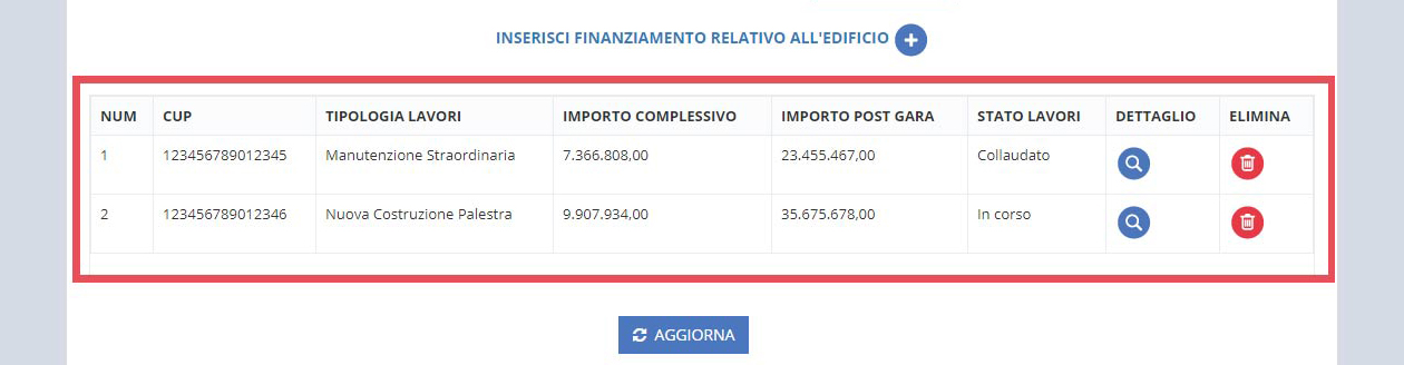 immagine pagina Sezione H1 investimenti effettuati, finanziamenti inseriti