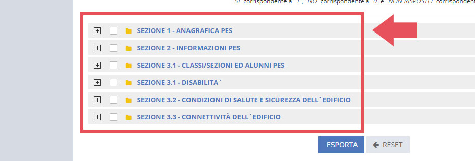 immagine pagina esportazioni, alberatura sezioni scheda PES