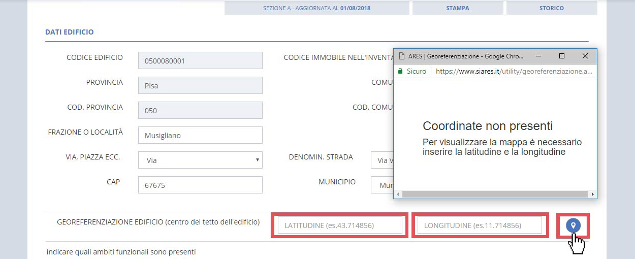 immagine pagina sezione A, finestra anteprima sulla mappa delle coordinate non inserite