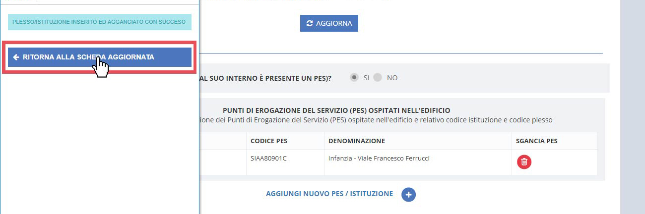 immagine pagina sezione A, stato dell'eficio, finestra PES selezionabili, tasto ritorna alla scheda aggiornata