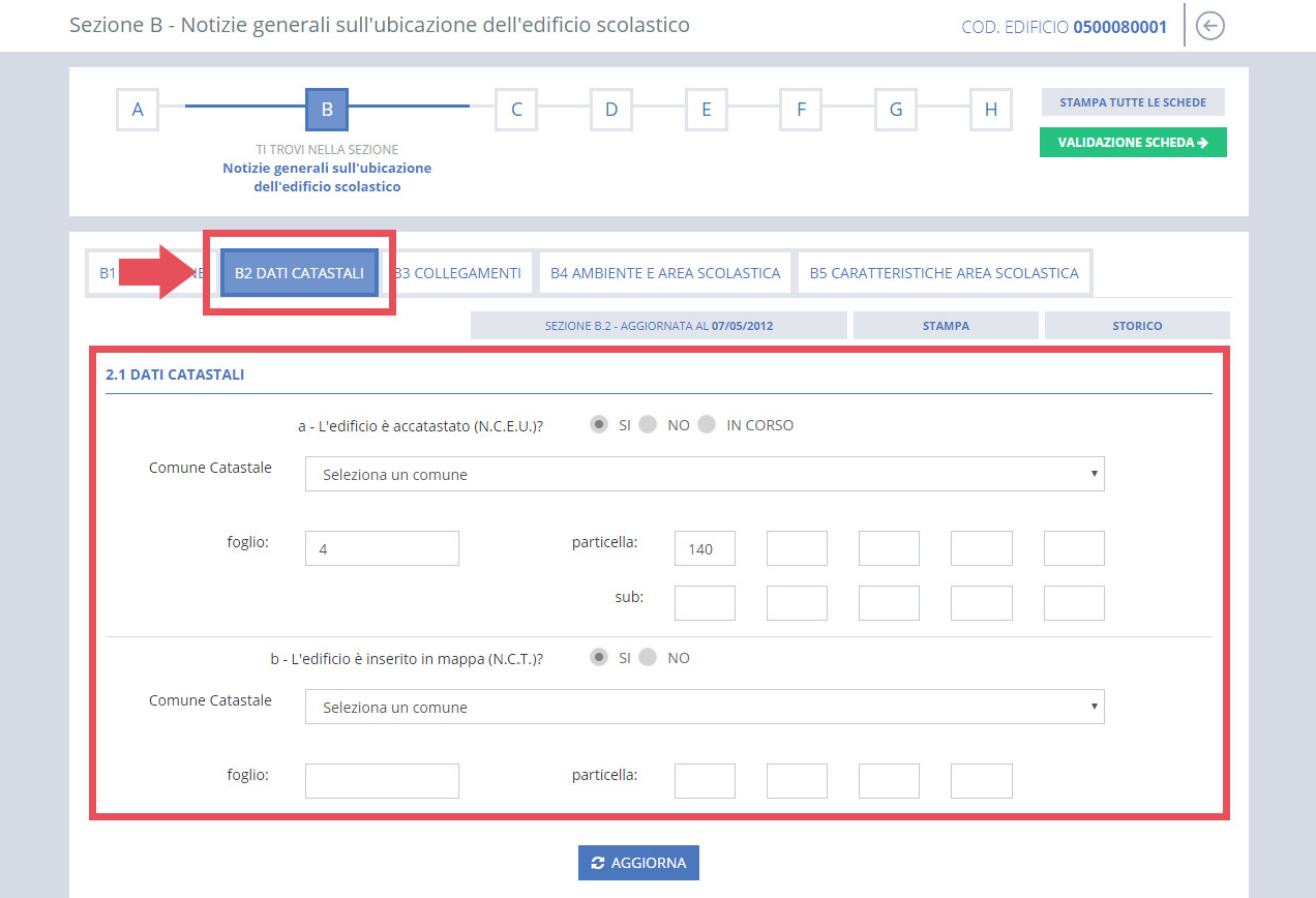 immagine pagina sezione B2 dati catastali