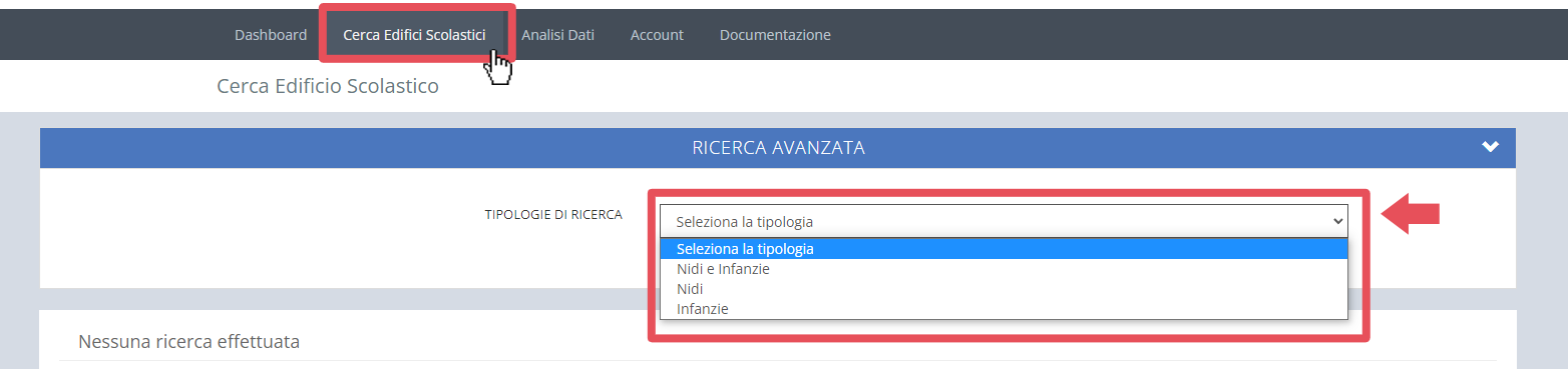 immagine pagina cerca edifici scolastici, tipologie di ricerca